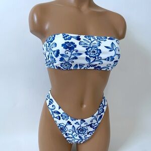 Elegant Blue Floral Bandeau Bikini